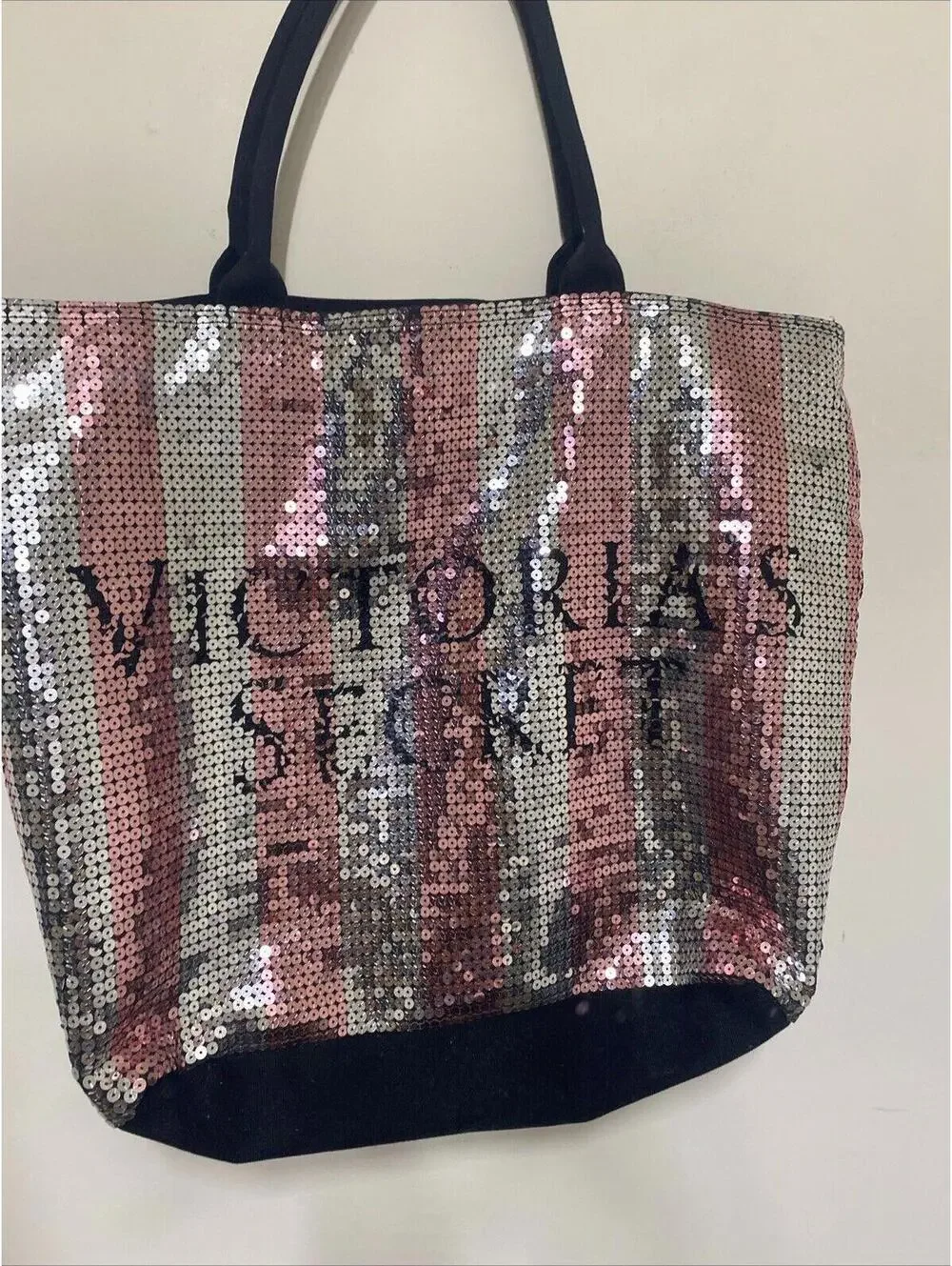 Victoria’s Secret Pink & Silver Sequin Stripe Weekender Tote Bag Limited Edition